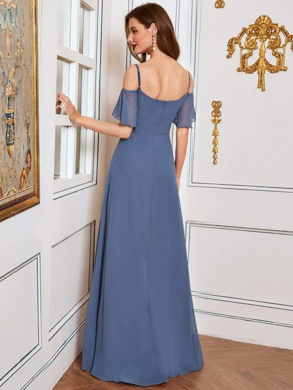 Stylish Cold Shoulder Flare Sleeves Flowy Bridesmaid Dress - Dusty Navy