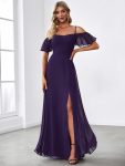 Stylish Cold Shoulder Flare Sleeves Flowy Bridesmaid Dress – Dark Purple