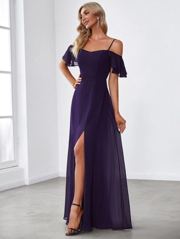 Stylish Cold Shoulder Flare Sleeves Flowy Bridesmaid Dress - Dark Purple