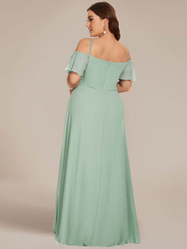 Flowy Cold Shoulder Flare Sleeves Bridesmaid Dress with Side Slit - Mint Green