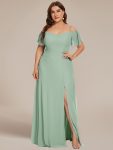 Flowy Cold Shoulder Flare Sleeves Bridesmaid Dress with Side Slit – Mint Green