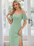 Flowy Cold Shoulder Flare Sleeves Bridesmaid Dress with Side Slit – Mint Green