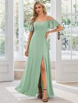 Flowy Cold Shoulder Flare Sleeves Bridesmaid Dress with Side Slit – Mint Green