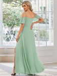 Flowy Cold Shoulder Flare Sleeves Bridesmaid Dress with Side Slit – Mint Green