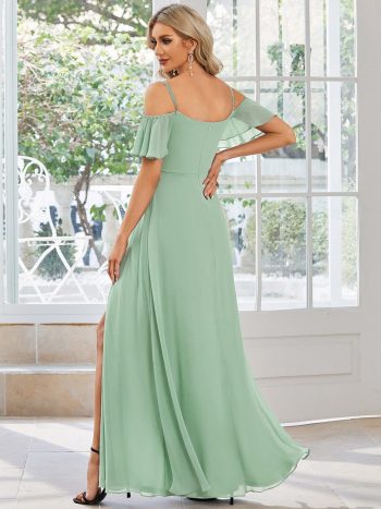 Flowy Cold Shoulder Flare Sleeves Bridesmaid Dress with Side Slit - Mint Green