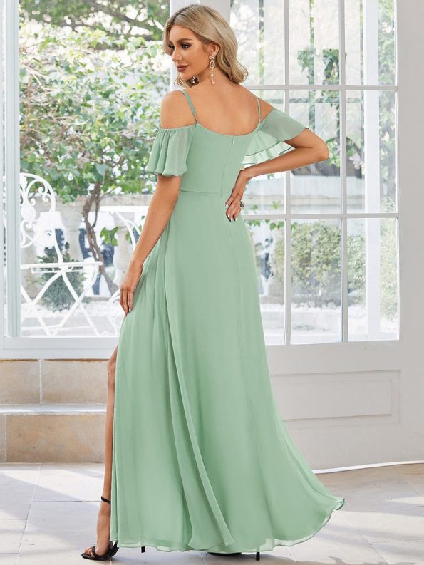 Flowy Cold Shoulder Flare Sleeves Bridesmaid Dress with Side Slit - Mint Green