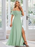 Flowy Cold Shoulder Flare Sleeves Bridesmaid Dress with Side Slit – Mint Green