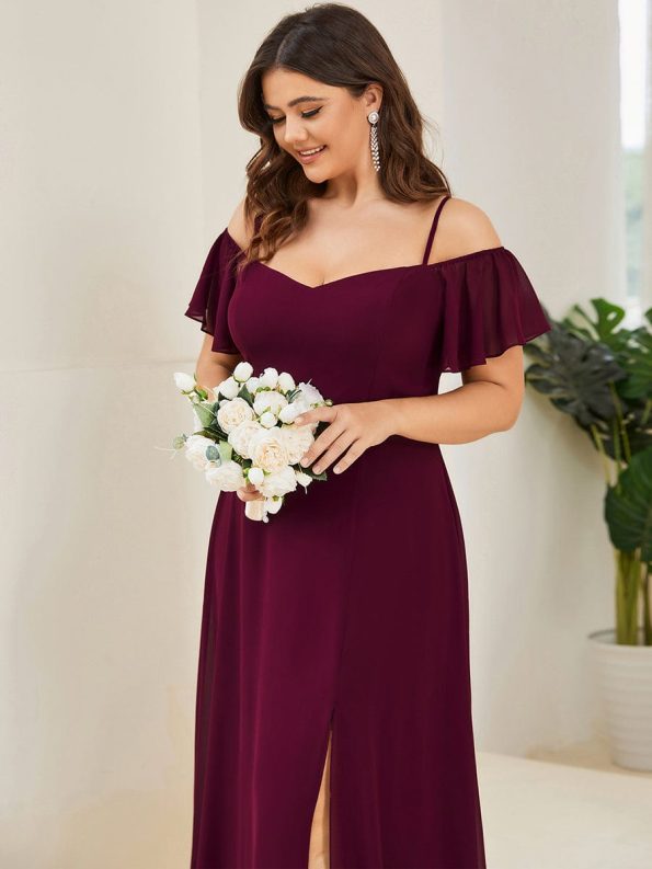 Flowy Cold Shoulder Flare Sleeves Bridesmaid Dress with Side Slit - Mulberry