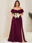 Flowy Cold Shoulder Flare Sleeves Bridesmaid Dress with Side Slit – Mulberry