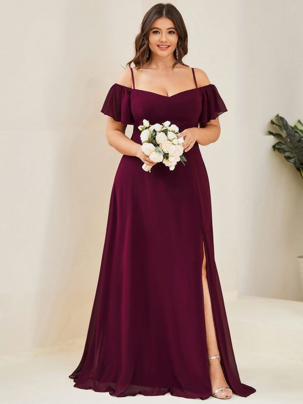 Flowy Cold Shoulder Flare Sleeves Bridesmaid Dress with Side Slit - Mulberry