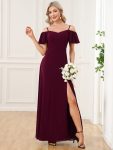 Flowy Cold Shoulder Flare Sleeves Bridesmaid Dress with Side Slit - Mulberry