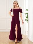 Flowy Cold Shoulder Flare Sleeves Bridesmaid Dress with Side Slit – Mulberry