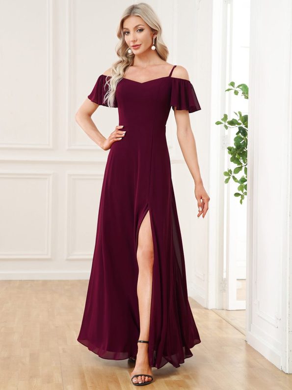 Flowy Cold Shoulder Flare Sleeves Bridesmaid Dress with Side Slit - Mulberry