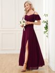 Flowy Cold Shoulder Flare Sleeves Bridesmaid Dress with Side Slit – Mulberry