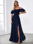 Chiffon Off-The-Shoulder Side Slit Bridesmaid Dress with sleeves - Navy Blue