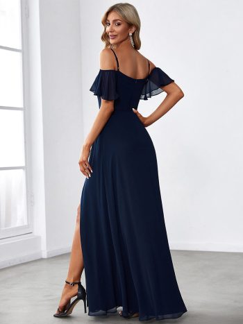 Chiffon Off-The-Shoulder Side Slit Bridesmaid Dress with sleeves - Navy Blue