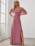 Chiffon Off-The-Shoulder Side Slit Bridesmaid Dress with sleeves - Purple Orchid