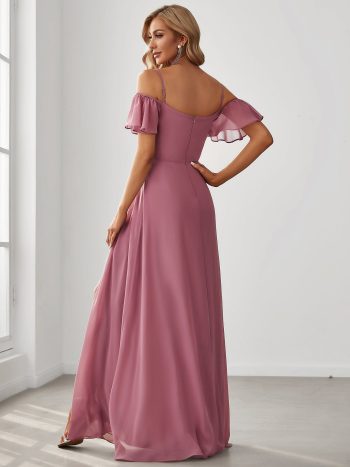 Chiffon Off-The-Shoulder Side Slit Bridesmaid Dress with sleeves - Purple Orchid