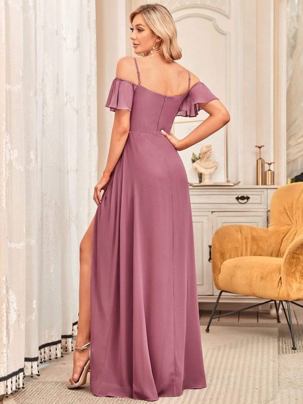 Stylish Cold Shoulder Flare Sleeves Flowy Bridesmaid Dress - Purple Orchid