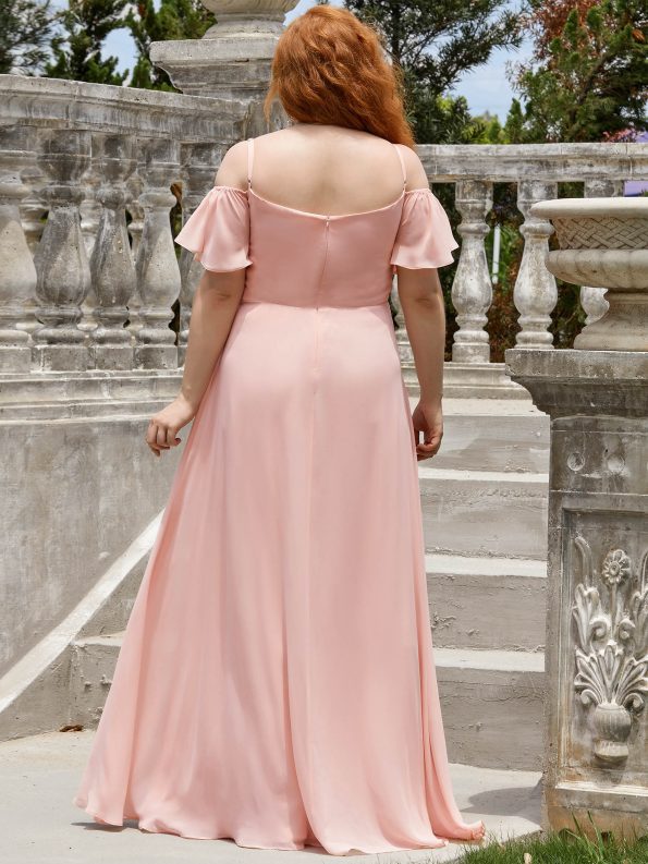 Chiffon Off-The-Shoulder Side Slit Bridesmaid Dress with sleeves - Pink