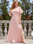 Chiffon Off-The-Shoulder Side Slit Bridesmaid Dress with sleeves – Pink