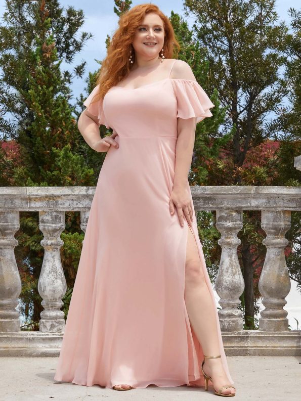 Chiffon Off-The-Shoulder Side Slit Bridesmaid Dress with sleeves - Pink