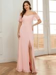 Chiffon Off-The-Shoulder Side Slit Bridesmaid Dress with sleeves - Pink