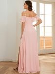 Chiffon Off-The-Shoulder Side Slit Bridesmaid Dress with sleeves – Pink