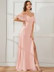 Chiffon Off-The-Shoulder Side Slit Bridesmaid Dress with sleeves – Pink