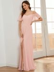 Chiffon Off-The-Shoulder Side Slit Bridesmaid Dress with sleeves – Pink