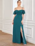 Chiffon Off-The-Shoulder Side Slit Bridesmaid Dress with sleeves – Teal