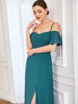 Chiffon Off-The-Shoulder Side Slit Bridesmaid Dress with sleeves – Teal