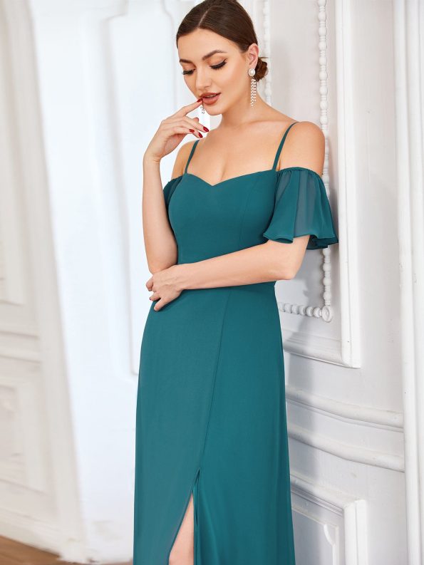 Chiffon Off-The-Shoulder Side Slit Bridesmaid Dress with sleeves - Teal