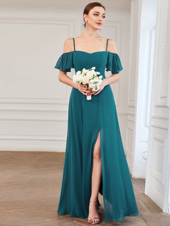 Chiffon Off-The-Shoulder Side Slit Bridesmaid Dress with sleeves - Teal