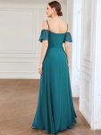 Chiffon Off-The-Shoulder Side Slit Bridesmaid Dress with sleeves – Teal