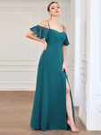 Chiffon Off-The-Shoulder Side Slit Bridesmaid Dress with sleeves – Teal