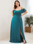 Chiffon Off-The-Shoulder Side Slit Bridesmaid Dress with sleeves – Teal