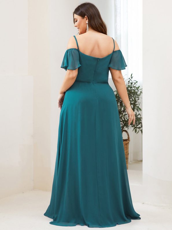 Chiffon Off-The-Shoulder Side Slit Bridesmaid Dress with sleeves - Teal