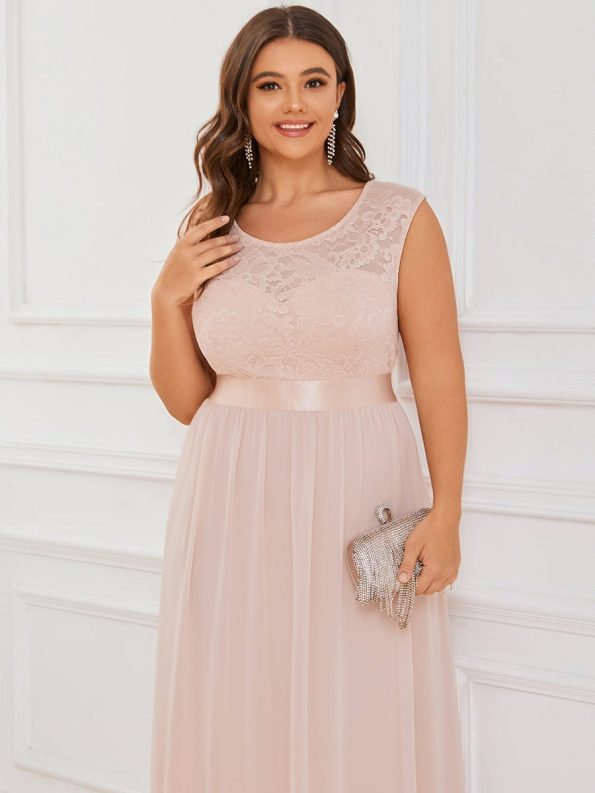 Classic Round Neck V Back Lace Bodice Bridesmaid Dress - Blush