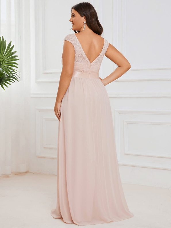 Classic Round Neck V Back Lace Bodice Bridesmaid Dress - Blush