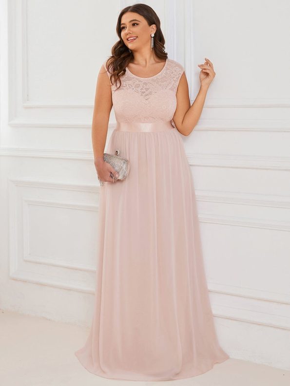 Classic Round Neck V Back Lace Bodice Bridesmaid Dress - Blush