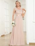 Classic Round Neck V Back Lace Bodice Bridesmaid Dress - Blush