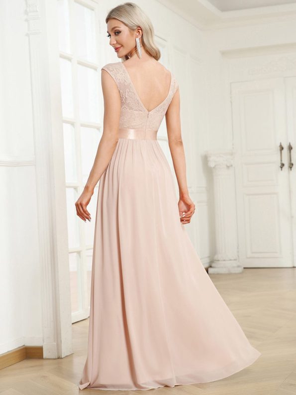 Classic Round Neck V Back Lace Bodice Bridesmaid Dress - Blush