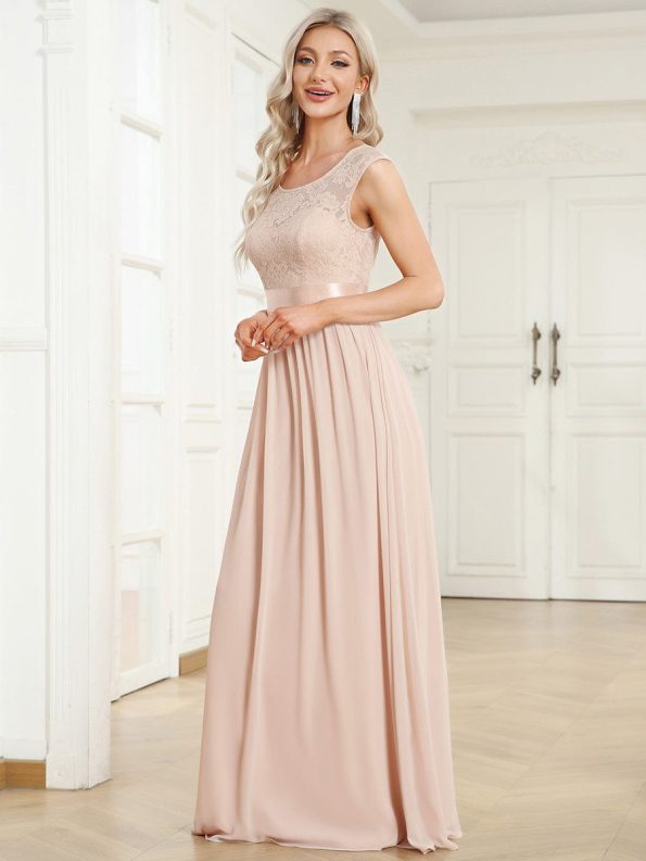 Classic Round Neck V Back Lace Bodice Bridesmaid Dress - Blush