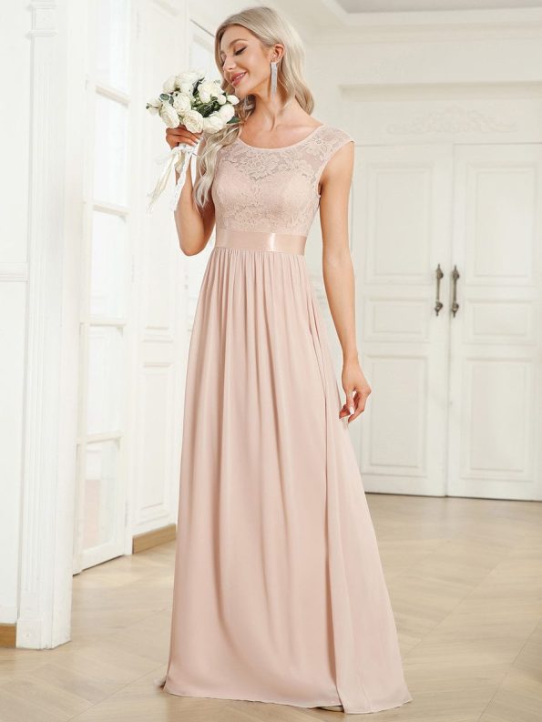 Classic Round Neck V Back Lace Bodice Bridesmaid Dress - Blush