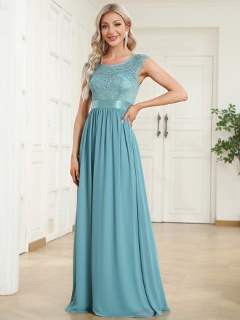 Classic Round Neck Backless Lace Bodice Bridesmaid Dress - Dusty Blue