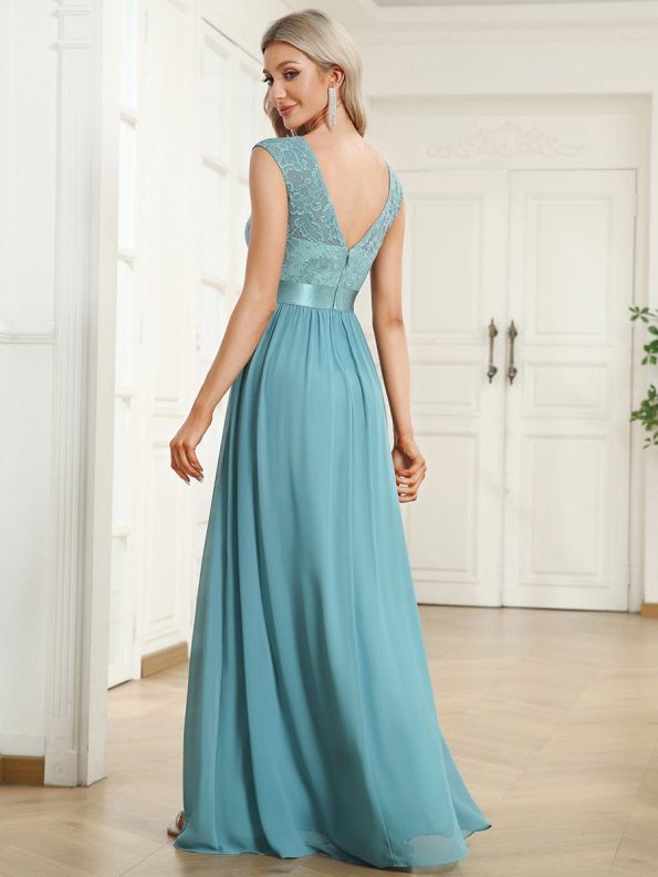 Classic Round Neck Backless Lace Bodice Bridesmaid Dress - Dusty Blue