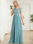 Classic Round Neck Backless Lace Bodice Bridesmaid Dress – Dusty Blue