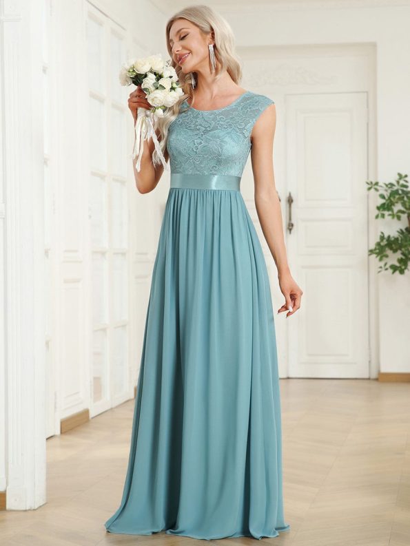 Classic Round Neck Backless Lace Bodice Bridesmaid Dress - Dusty Blue