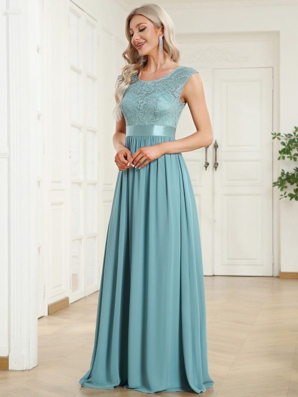 Classic Round Neck Backless Lace Bodice Bridesmaid Dress - Dusty Blue